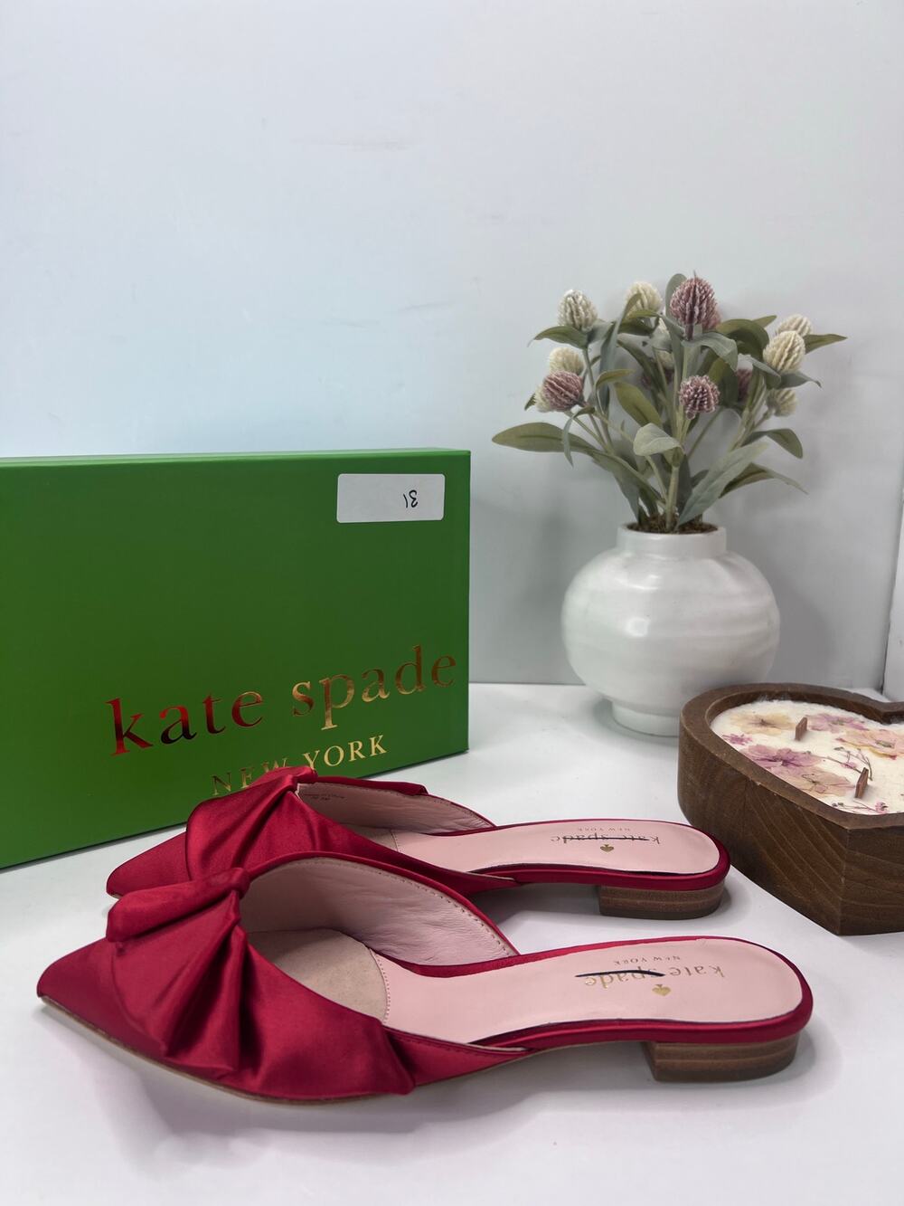 Kate Spade Faryn Satin Bow Pointed Toe Flat Red S110170 Women 6.5M Tried On